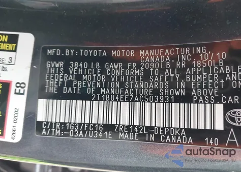2010 Toyota Corolla Le z USA, uszkodzony, nr VIN 2T1BU4EE7AC503931